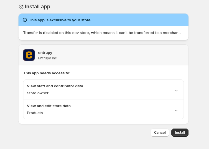 Entrupy Shopify app install screen