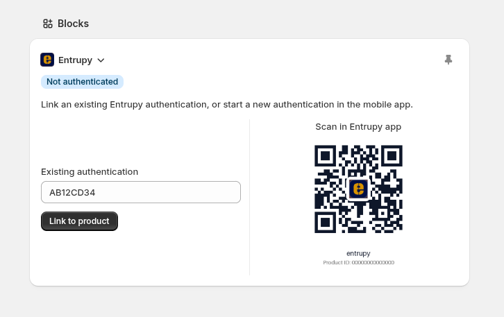 Entrupy block on a product page showing the "Existing authentication" field and "Link to product" button