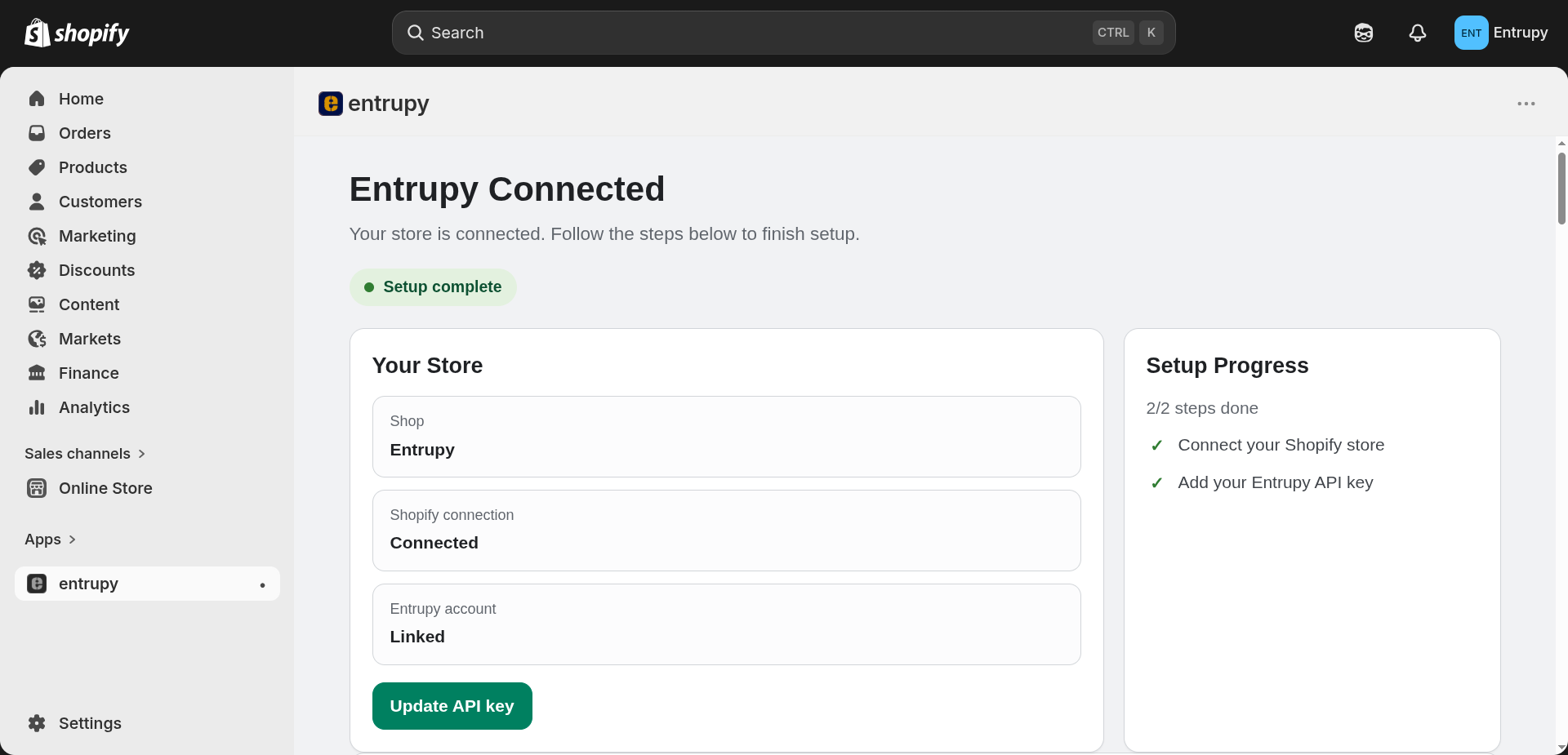 Dashboard showing "Setup complete" status and linked Entrupy account