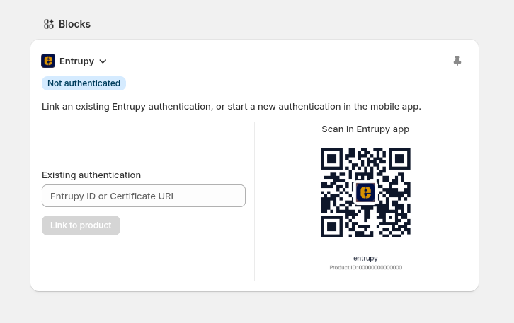 Shopify product details page with the Entrupy block showing "Not authenticated" and a QR code