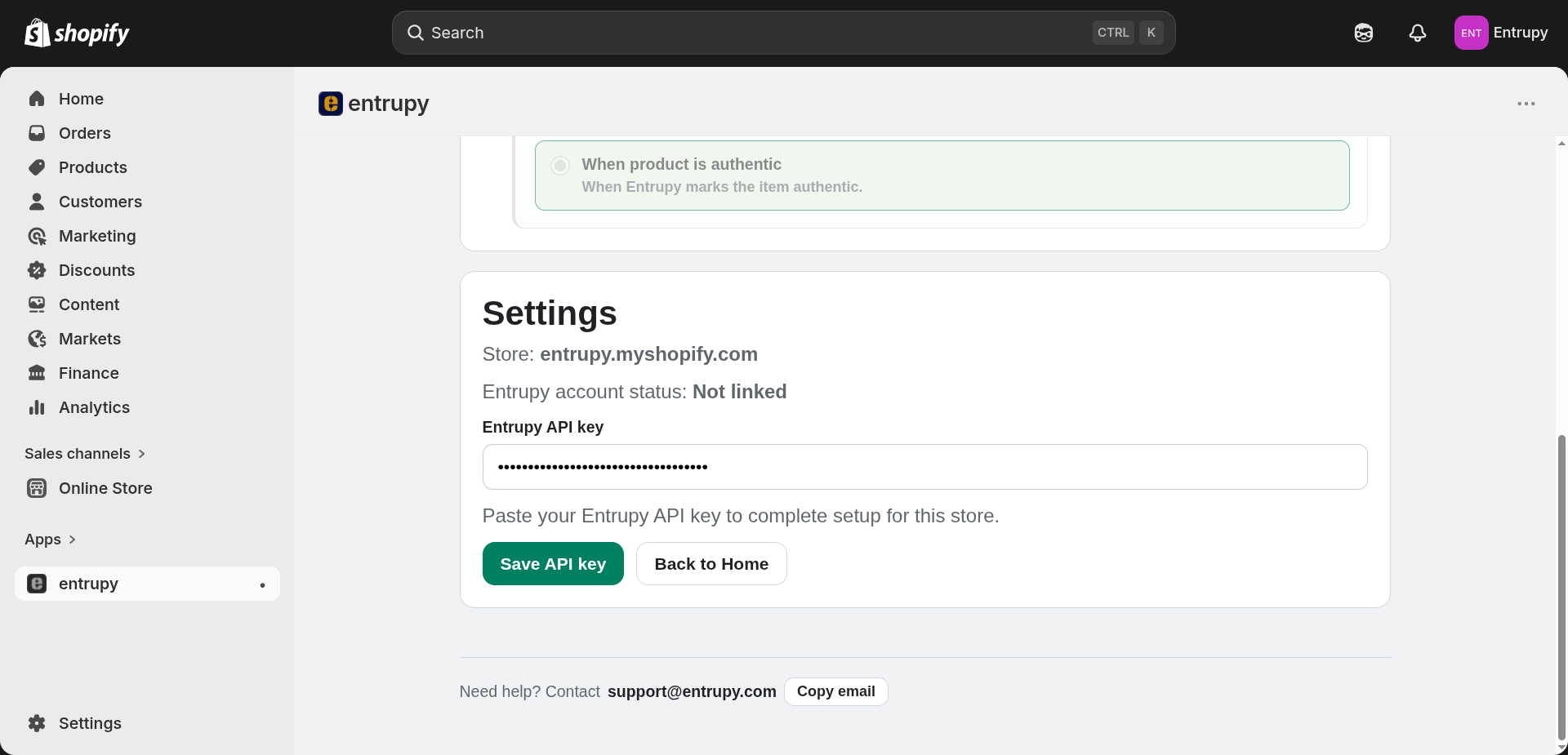 Entrupy Shopify save api key