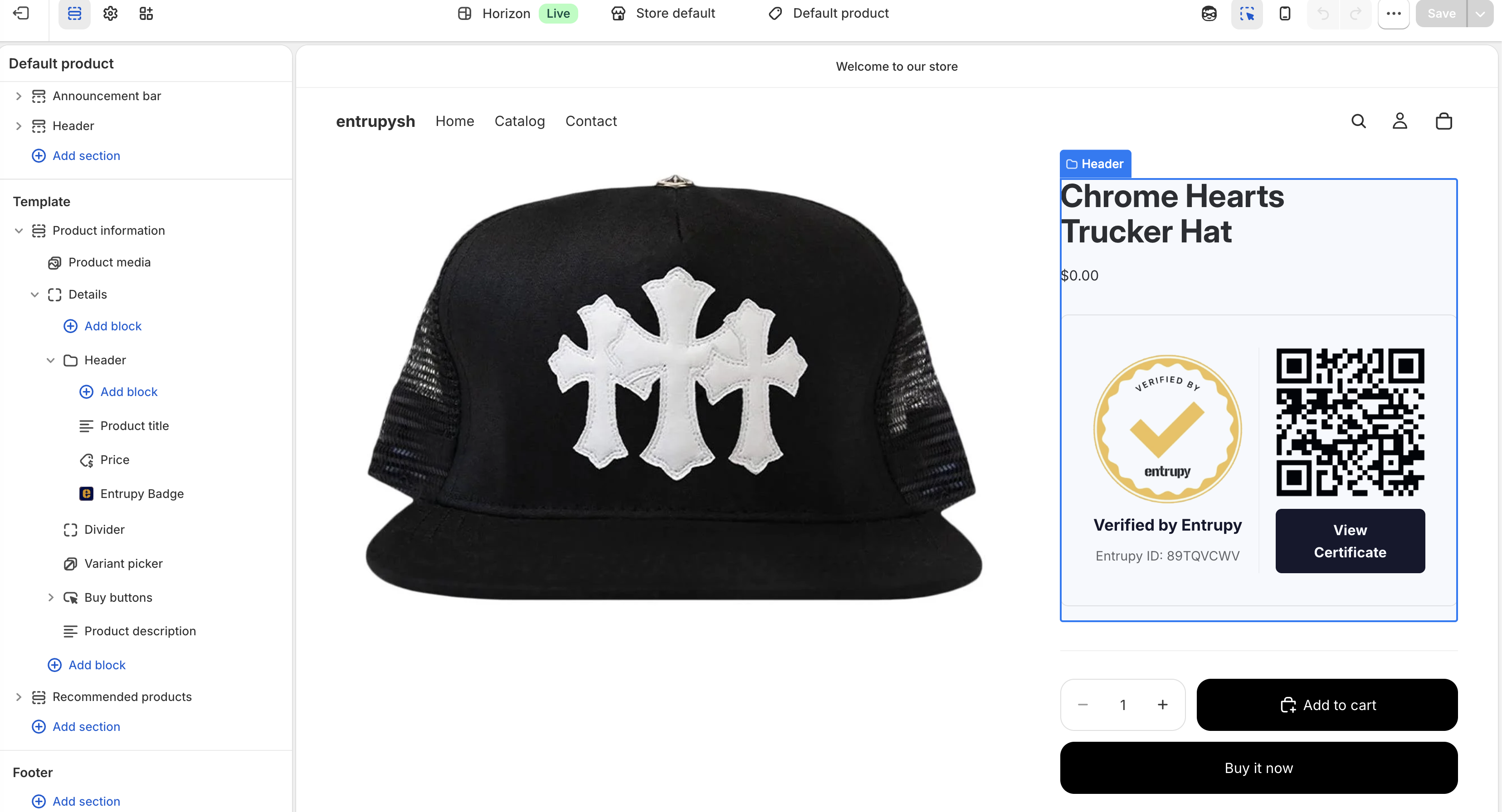Shopify theme editor with the Entrupy Badge block being added to the product page